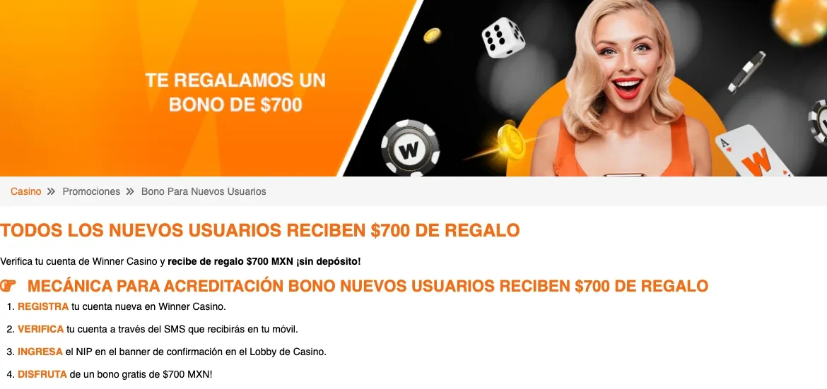 Bono de $700 MXN sin depósito y activación por SMS en Winner