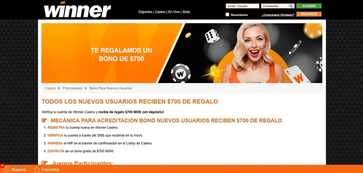 Bono de $700 MXN sin depósito en Winner Casino