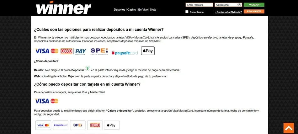 Opciones de depósito en Winner México