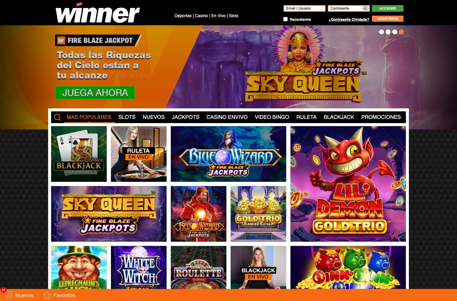 Lobby de casino online de Winner México