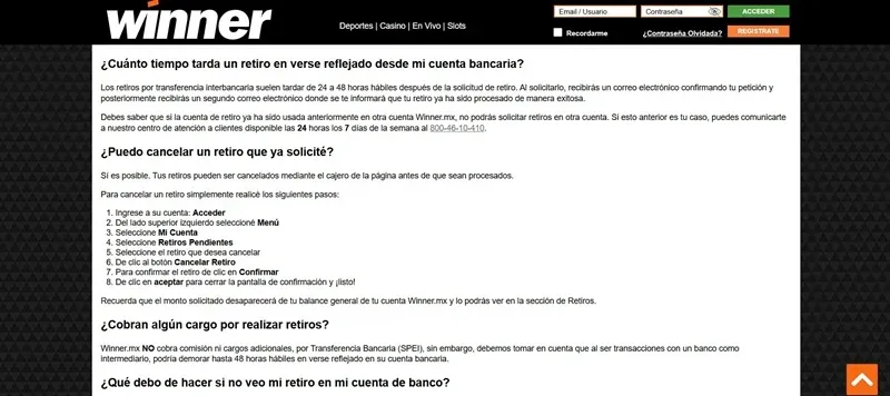 Ayuda oficial de retiros de Winner México