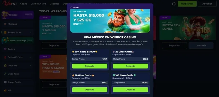Promoción de 25 giros gratis con depósito de Winpot México