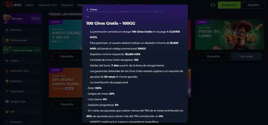 Condiciones de la promoción de 100 giros de Winpot México