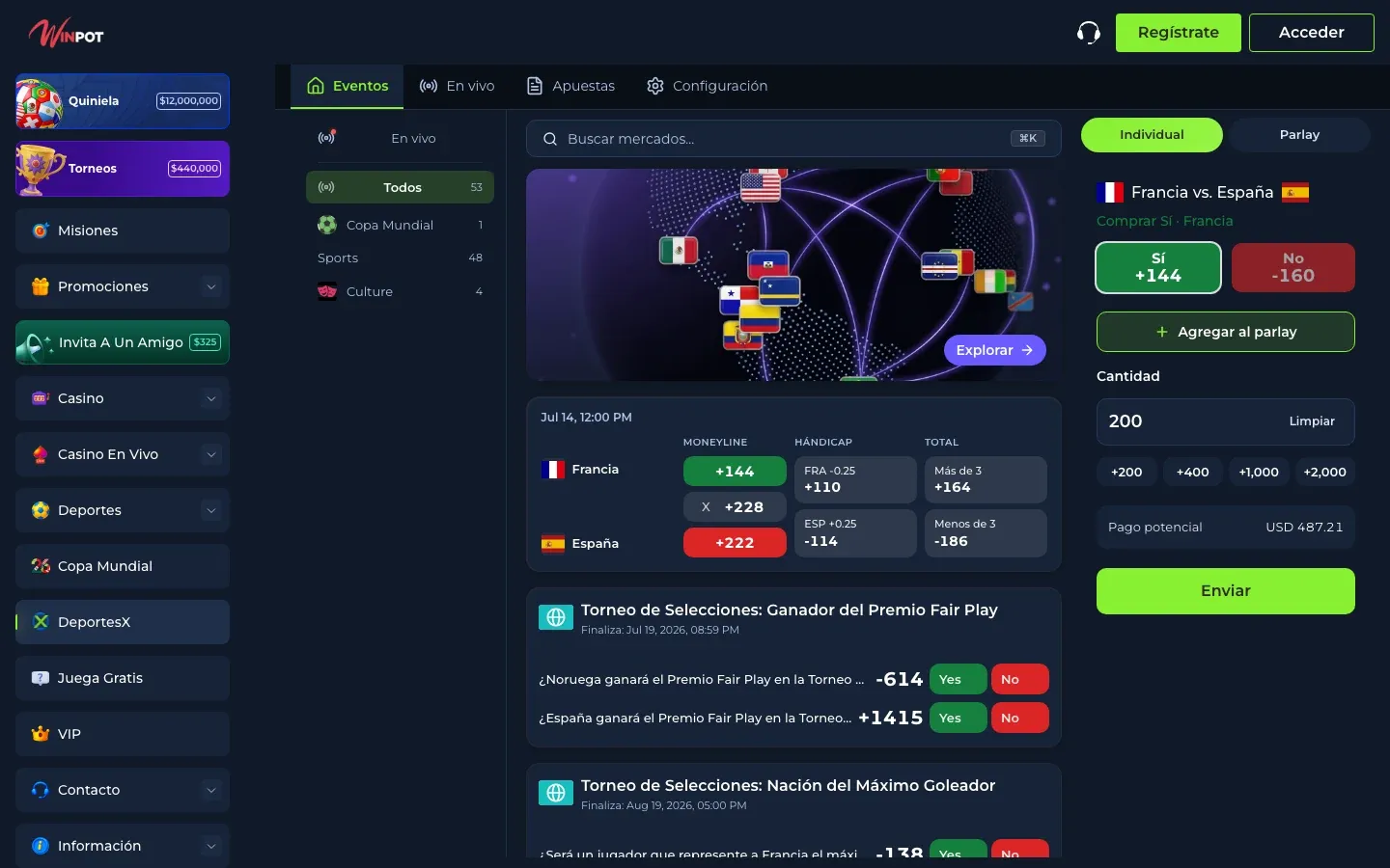 Sportsbook, mercados y quinielas de Winpot México