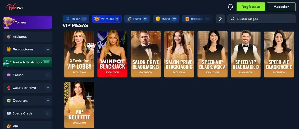 Mesas VIP de blackjack y ruleta en el casino en vivo de Winpot México