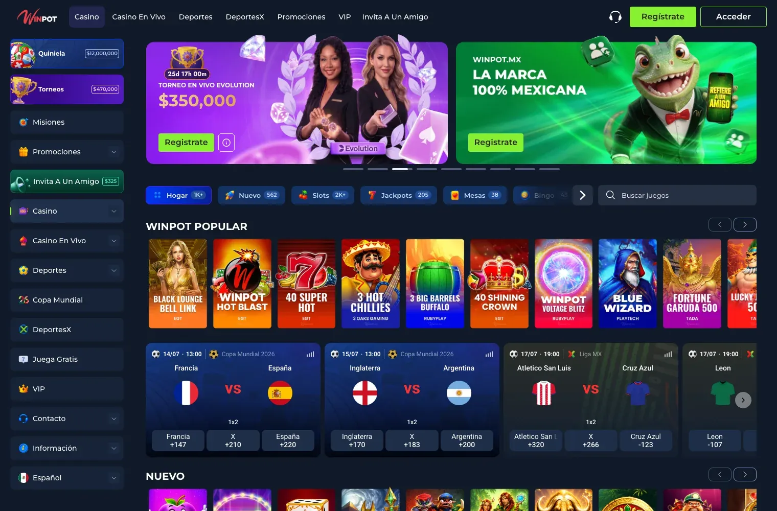 Lobby de casino online de Winpot México