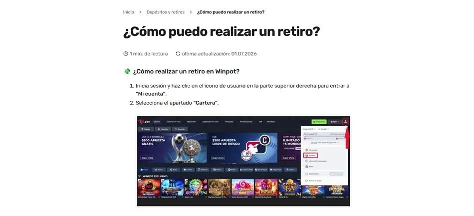 Instrucciones para solicitar un retiro en Winpot México