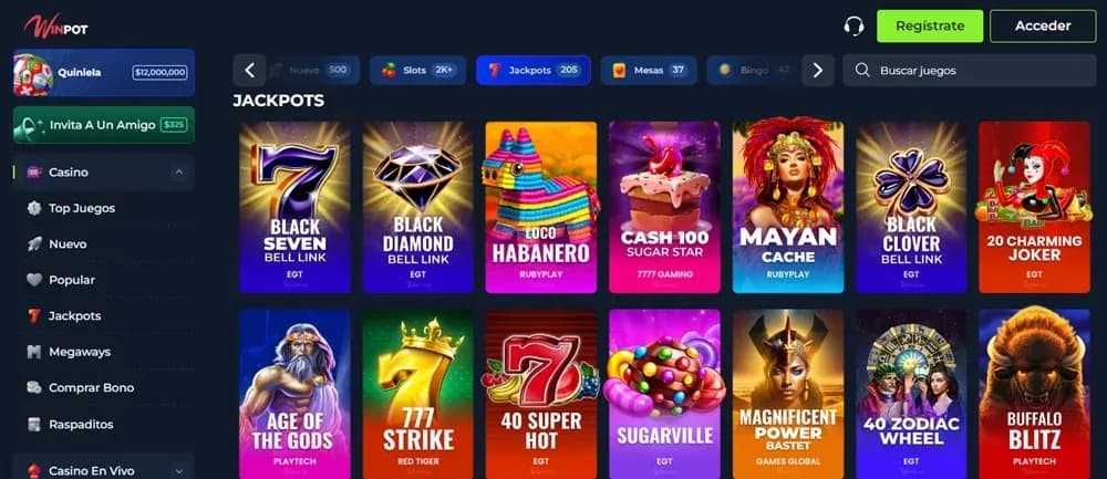 Lobby de jackpots en Winpot México