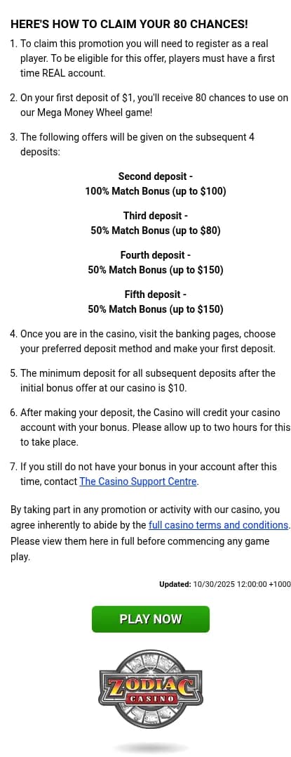 Zodiac’s public five-deposit offer, displayed in dollars