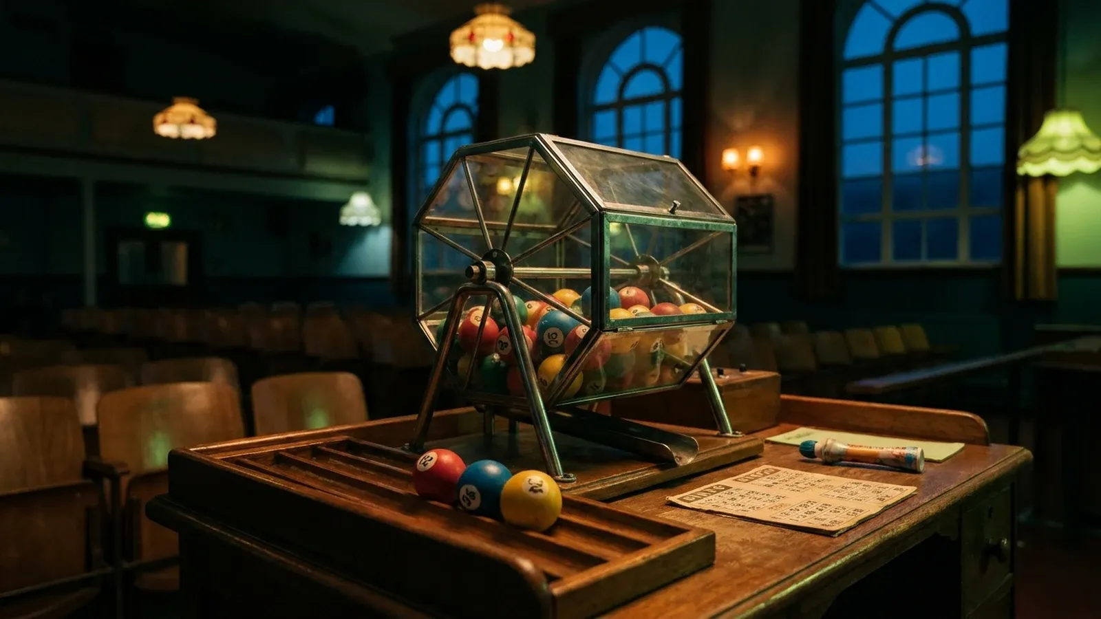 A vintage glass bingo ball cage full of numbered balls on a caller's desk in a dimly lit British bingo hall