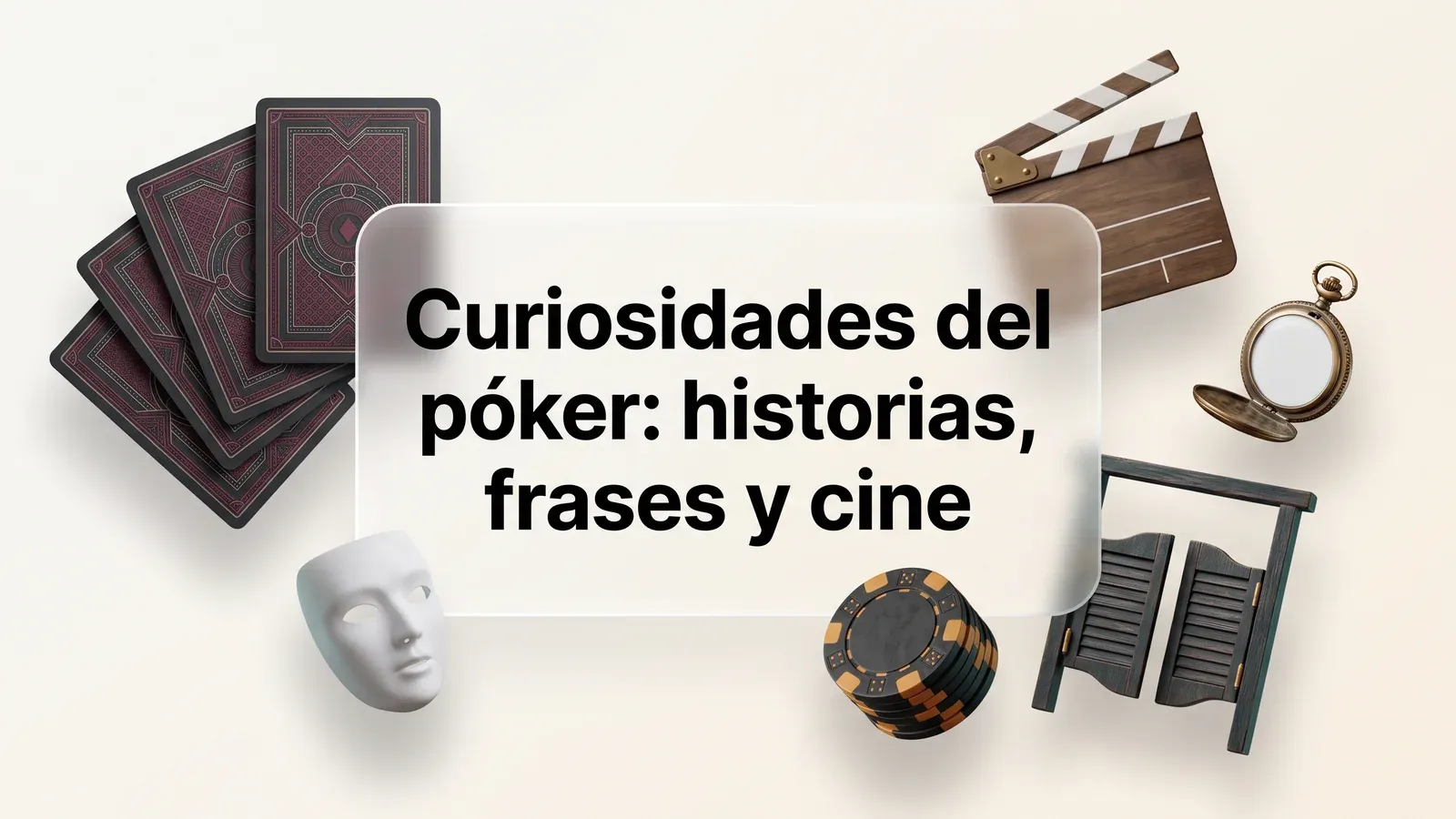 Portada sobre curiosidades del póker con cartas, máscara, fichas y claqueta de cine