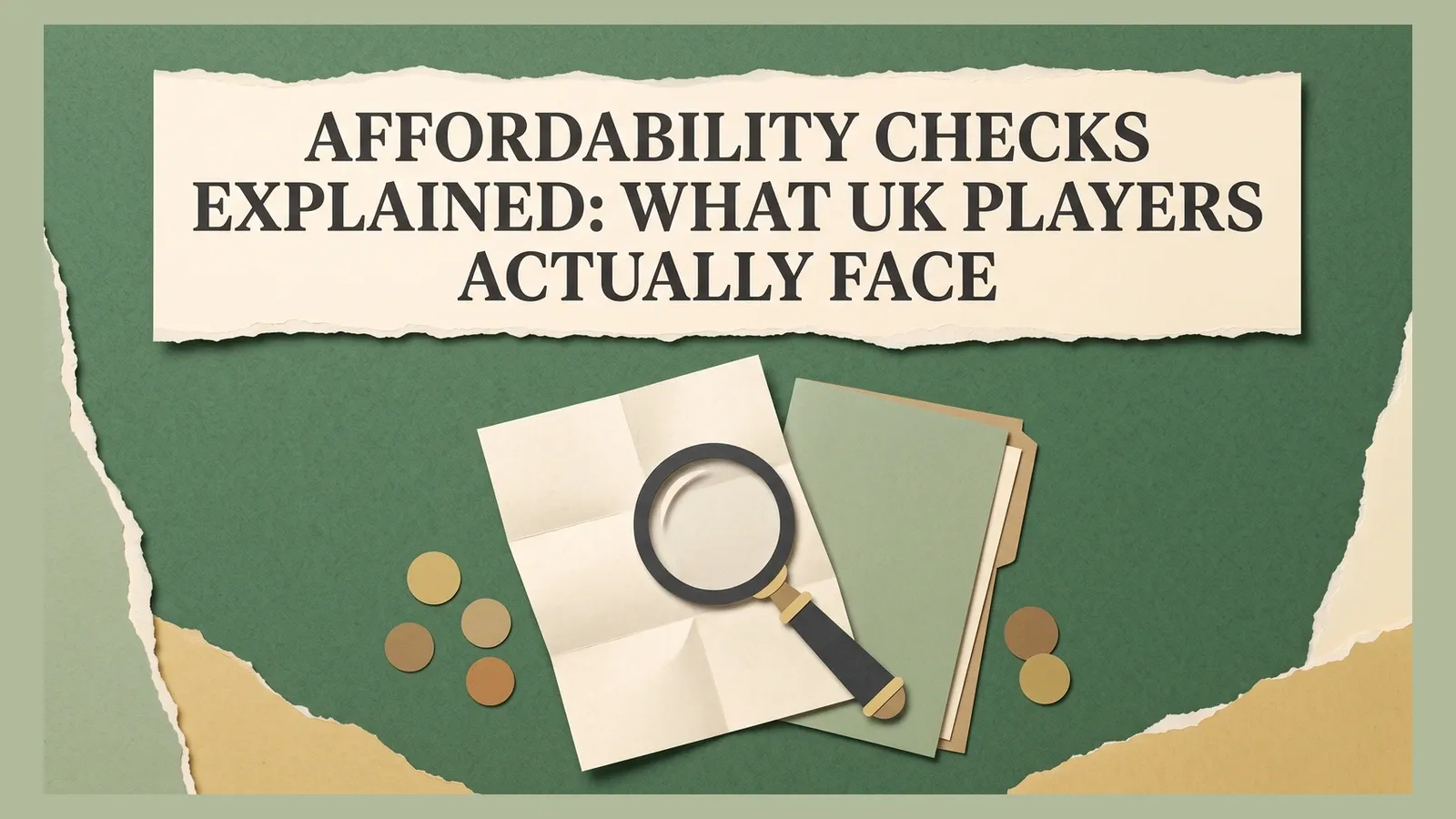 A magnifying glass over folded financial papers and folders beneath the title Affordability Checks Explained: What UK Players Actually Face.
