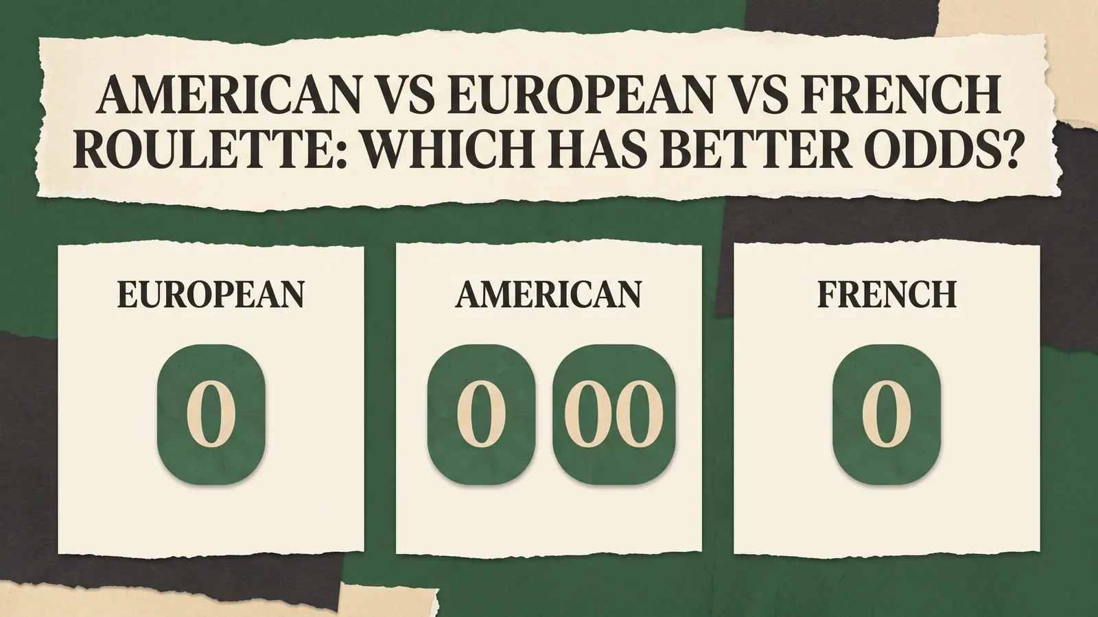 European and French roulette each have one zero; American roulette has zero and double zero.