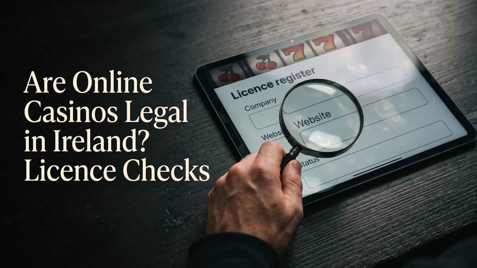 Conceptual licence-register check with a magnifying glass over the website field.