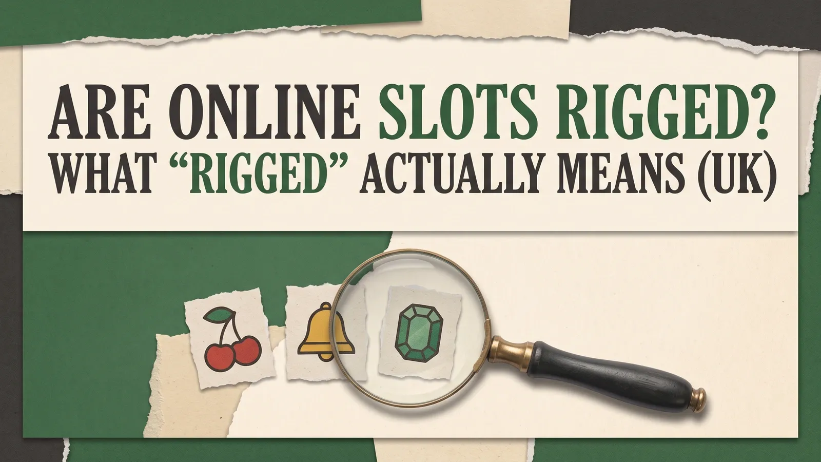 A magnifying glass examines a gemstone beside cherry and bell tiles under the title asking whether online slots are rigged.