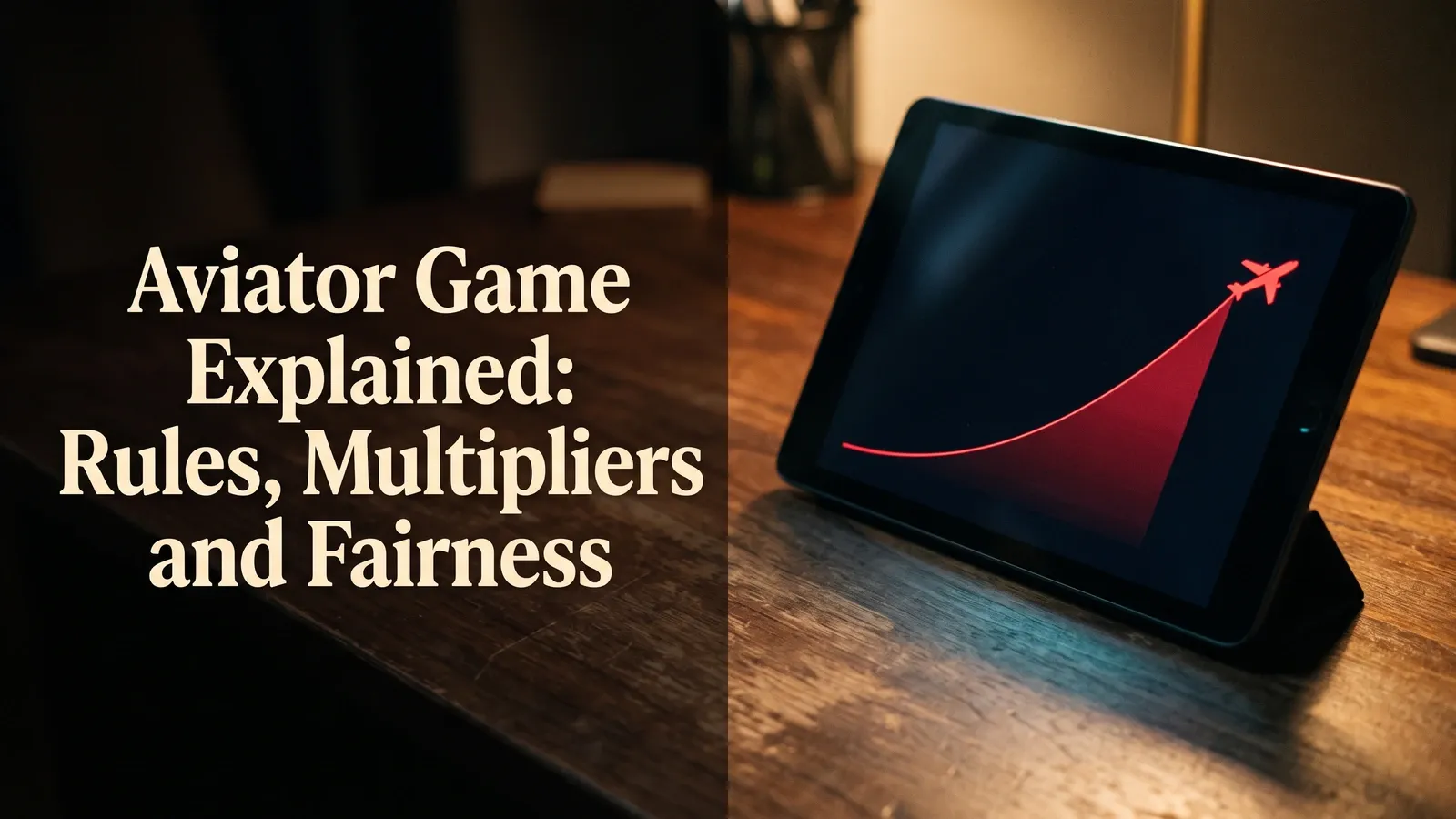 Tablet on a warmly lit wooden desk displaying a red rising curve and airplane beside the Aviator game guide title.