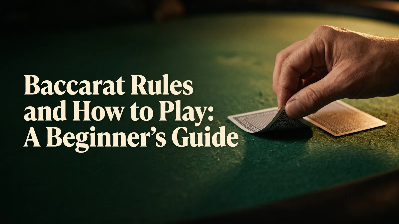 A hand lifts the edge of a face-down card beside another card on dark green felt, with the baccarat beginner’s guide title.
