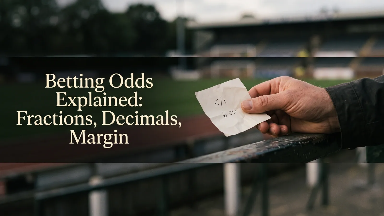 A hand holds a creased paper slip showing 5/1 and 6.00 beside a weathered railing at a blurred sporting ground.