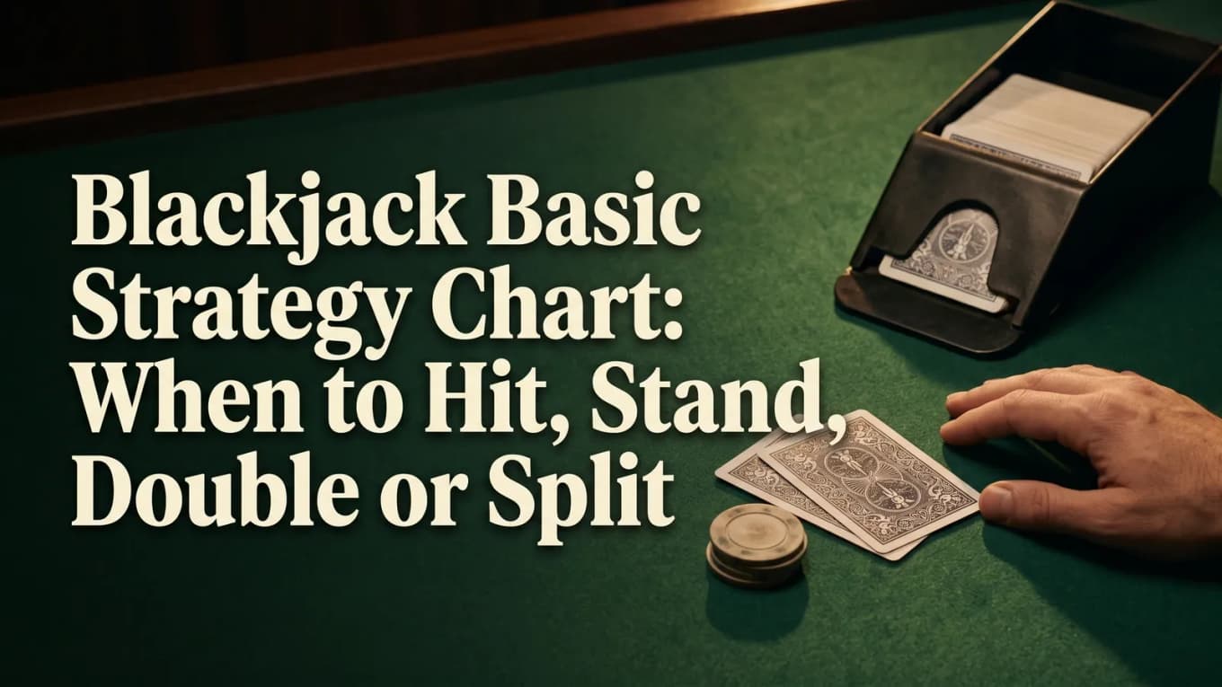 Cream blackjack strategy title over green felt beside a dealing shoe, face-down cards, chips and a resting hand.