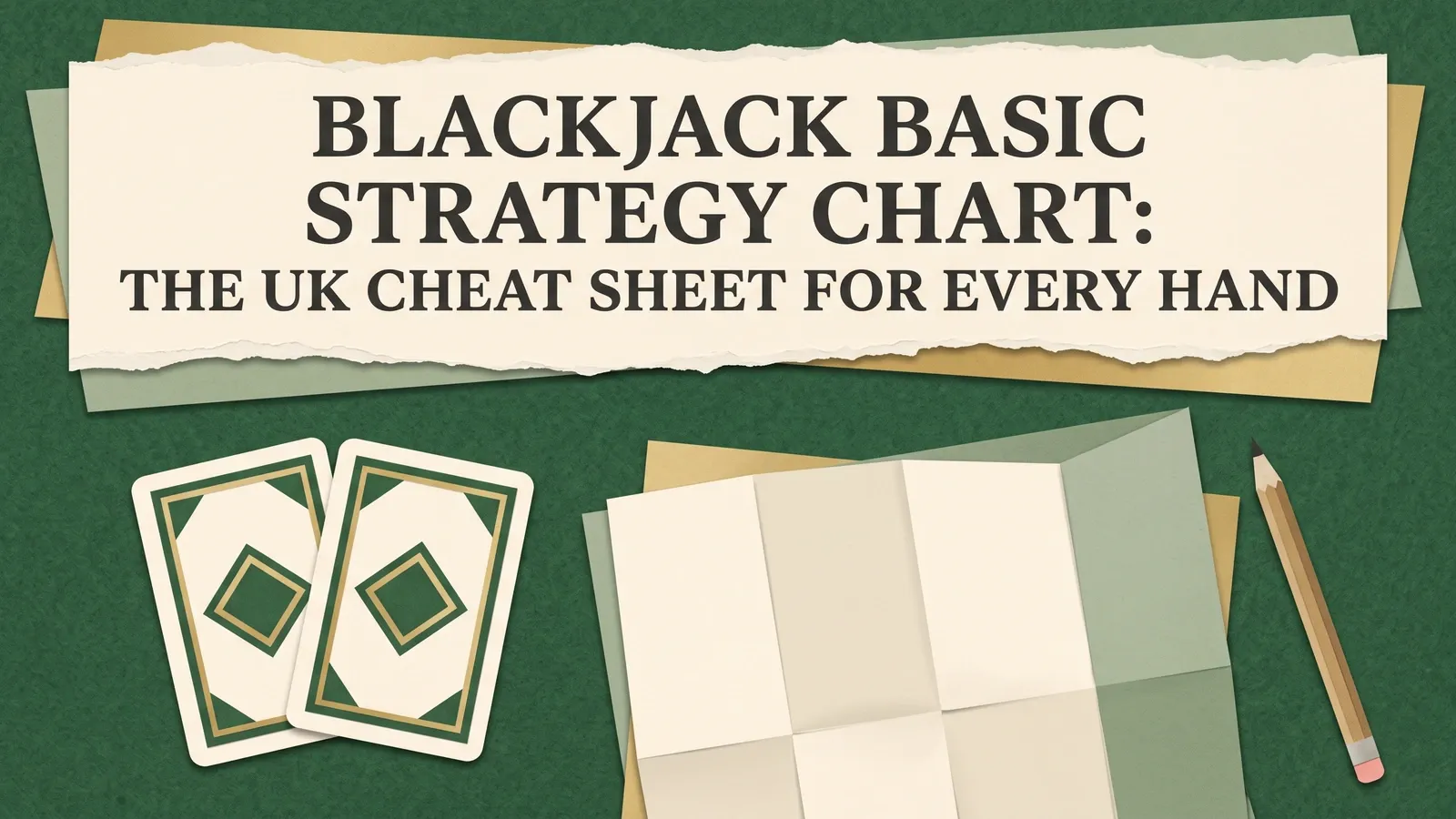 Face-down playing cards, a folded reference sheet and pencil beneath the title Blackjack Basic Strategy Chart: The UK Cheat Sheet for Every Hand.