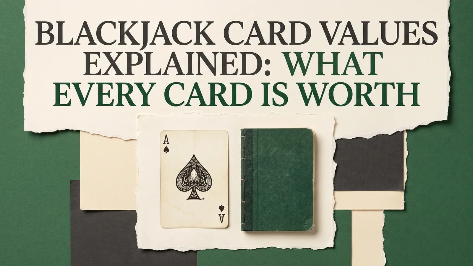 An ace of spades and green notebook beneath the blackjack card values guide title on cream and forest-green paper.