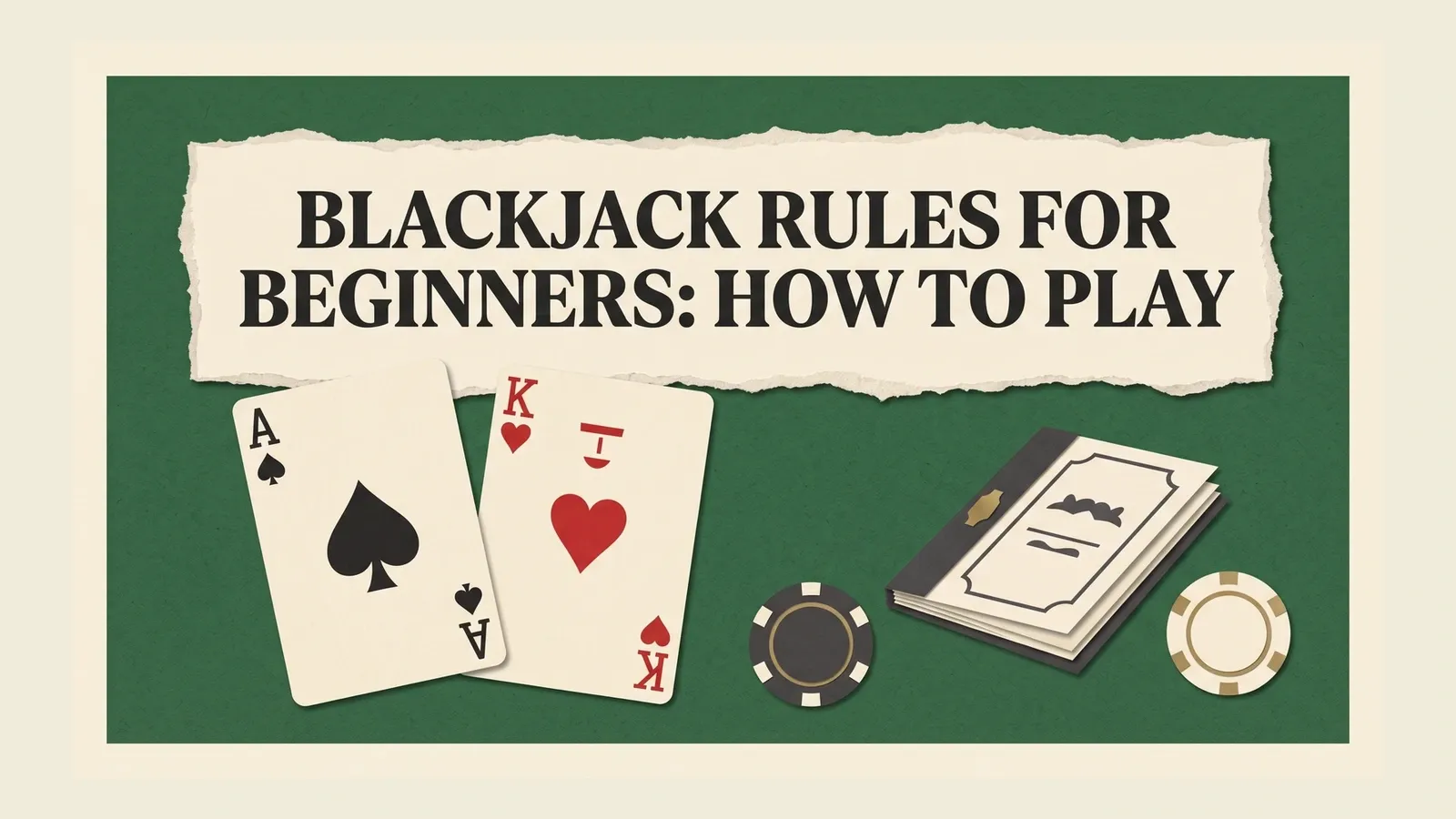 An ace of spades and king of hearts sit beside two chips and a rulebook beneath the blackjack beginner’s guide headline.