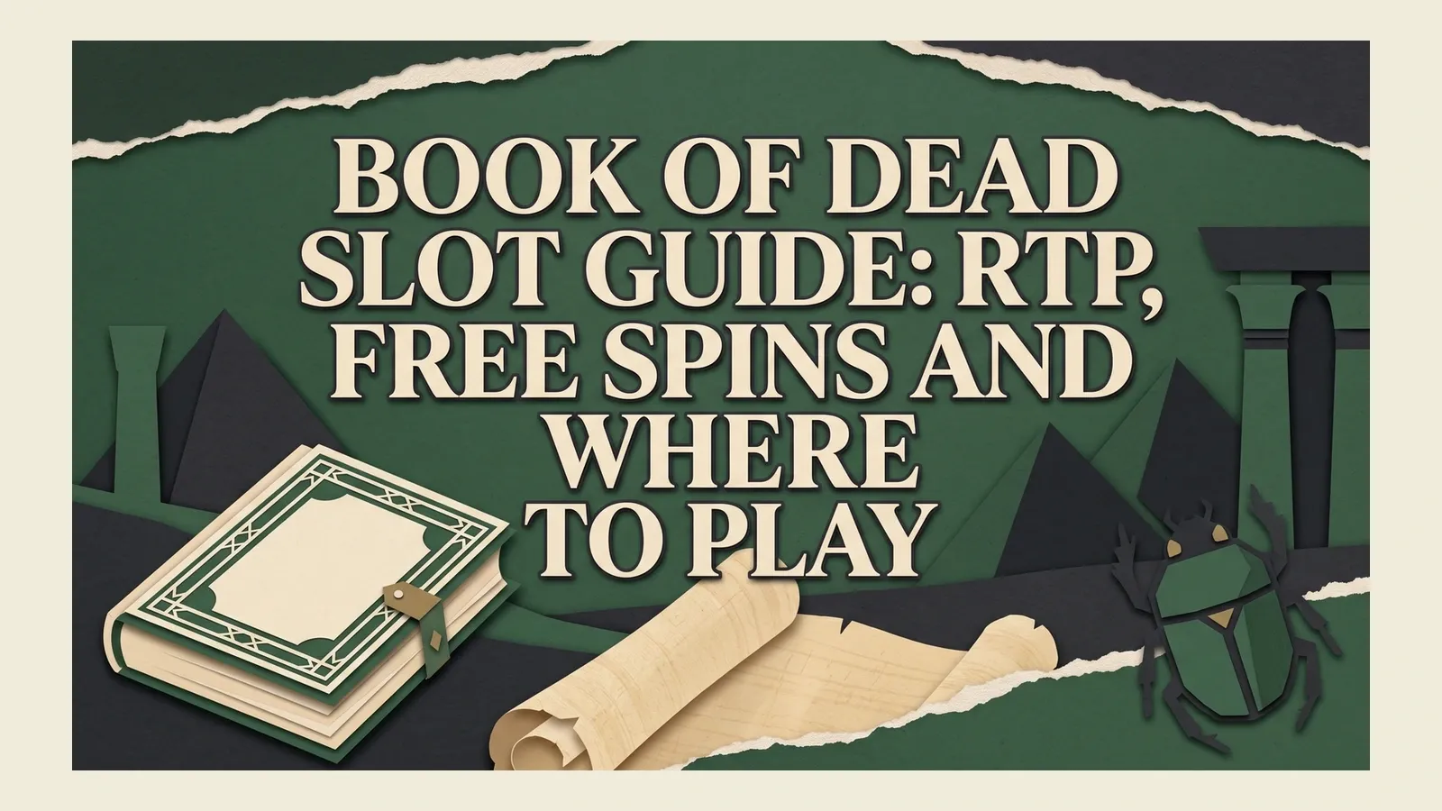 An antique clasped book, curled parchment and scarab sit among Egyptian architectural silhouettes beneath the Book of Dead guide headline.