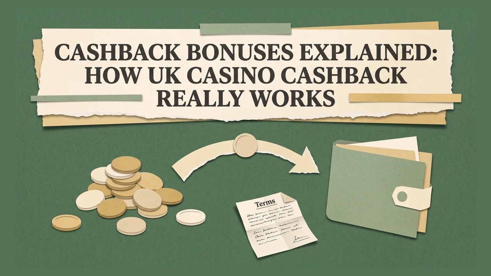 A curved arrow carries one coin from a larger pile towards a wallet, with a terms sheet beneath the title Cashback Bonuses Explained: How UK Casino Cashback Really Works.