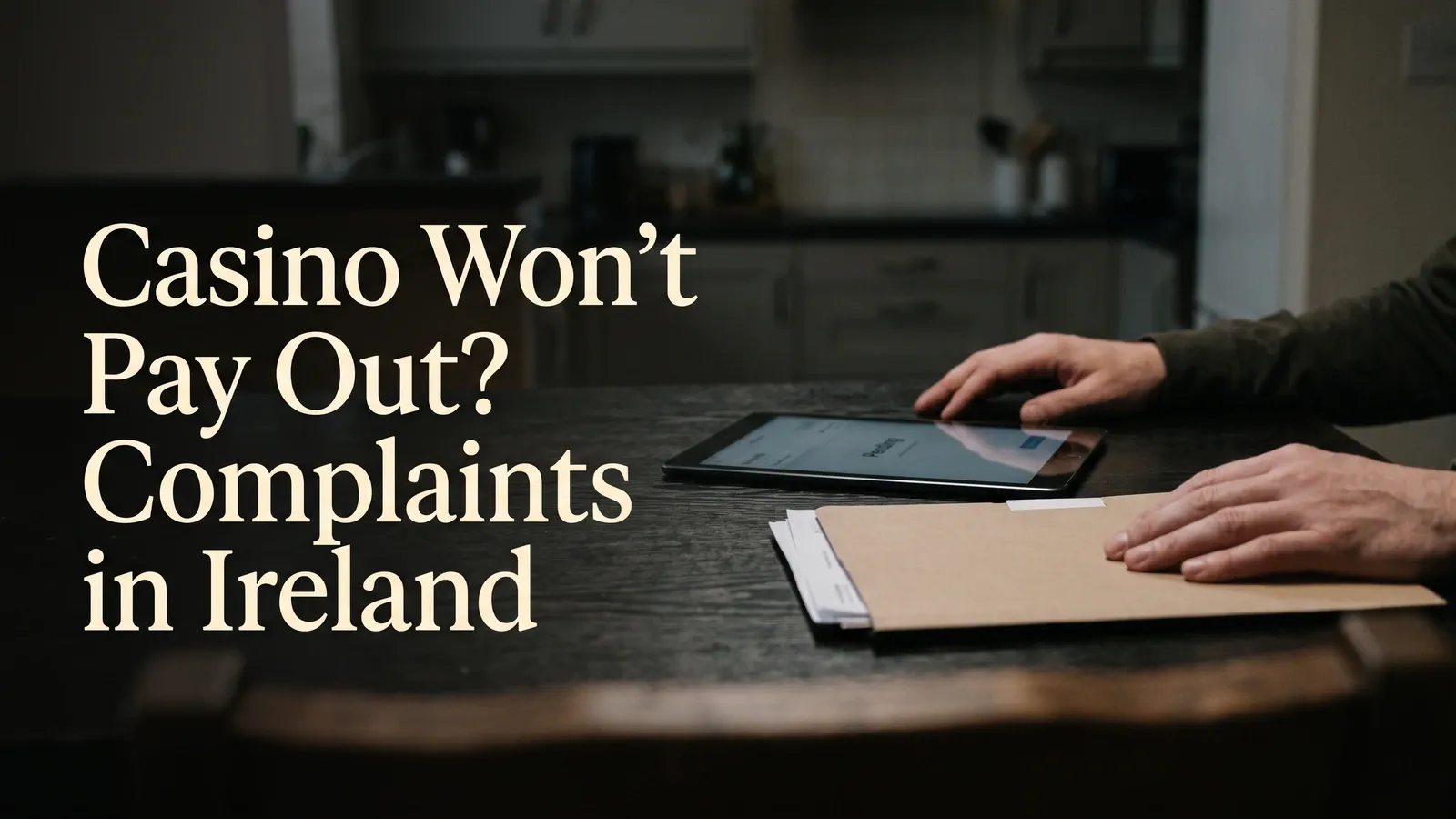 Hands rest beside a tablet displaying Pending and on a tan folder of papers on a dark kitchen table.