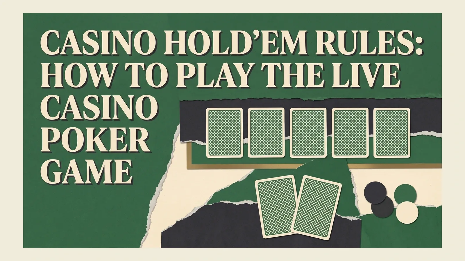 Five face-down cards in a row and two separate foreground card backs illustrate the Casino Hold’em layout beside the guide headline.