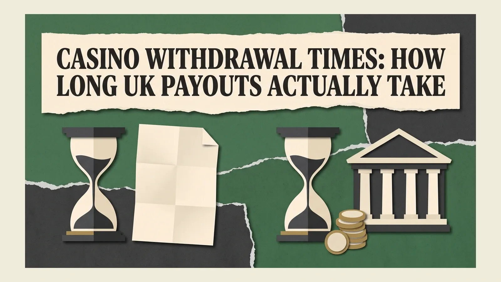 Two hourglasses separate a withdrawal request document from a bank and coins beneath the UK payout-times headline.