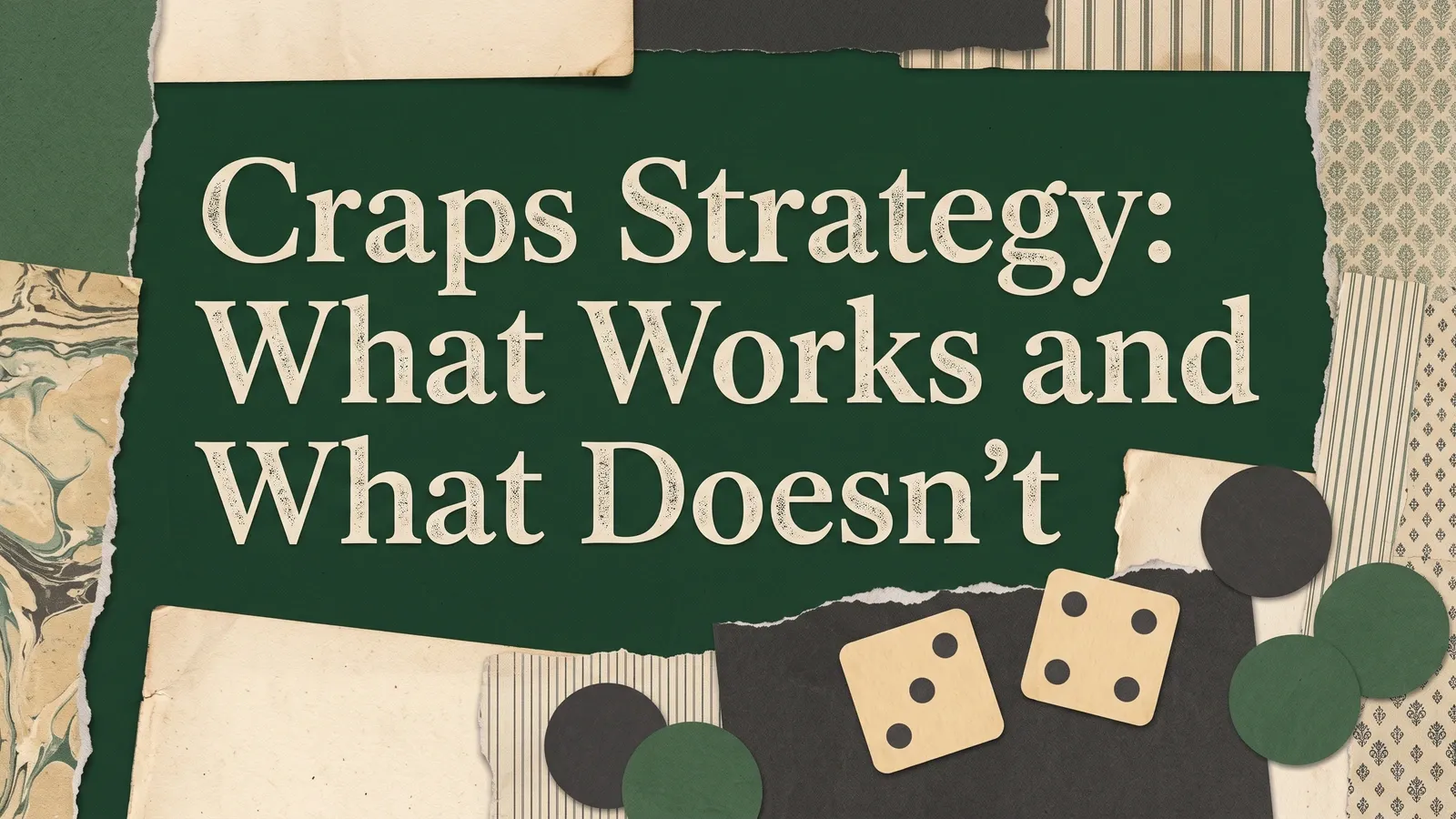 Craps strategy title in cream lettering on green torn paper, with two dice showing three and four beside plain gaming chips.