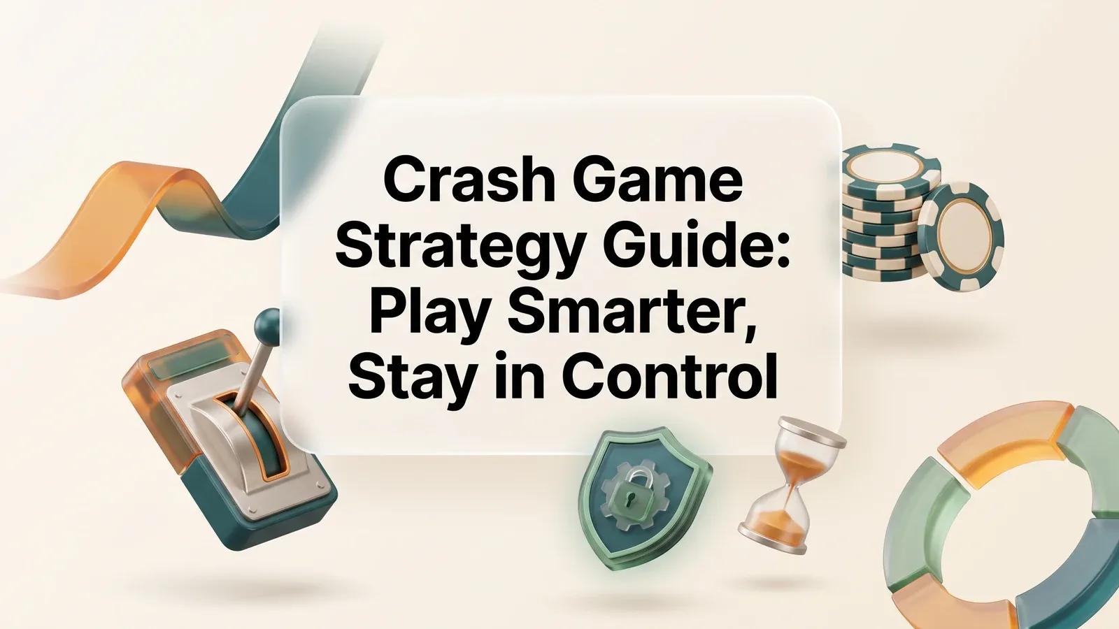 Crash-game risk controls illustrated with a curve, bankroll chips, limits and a shield