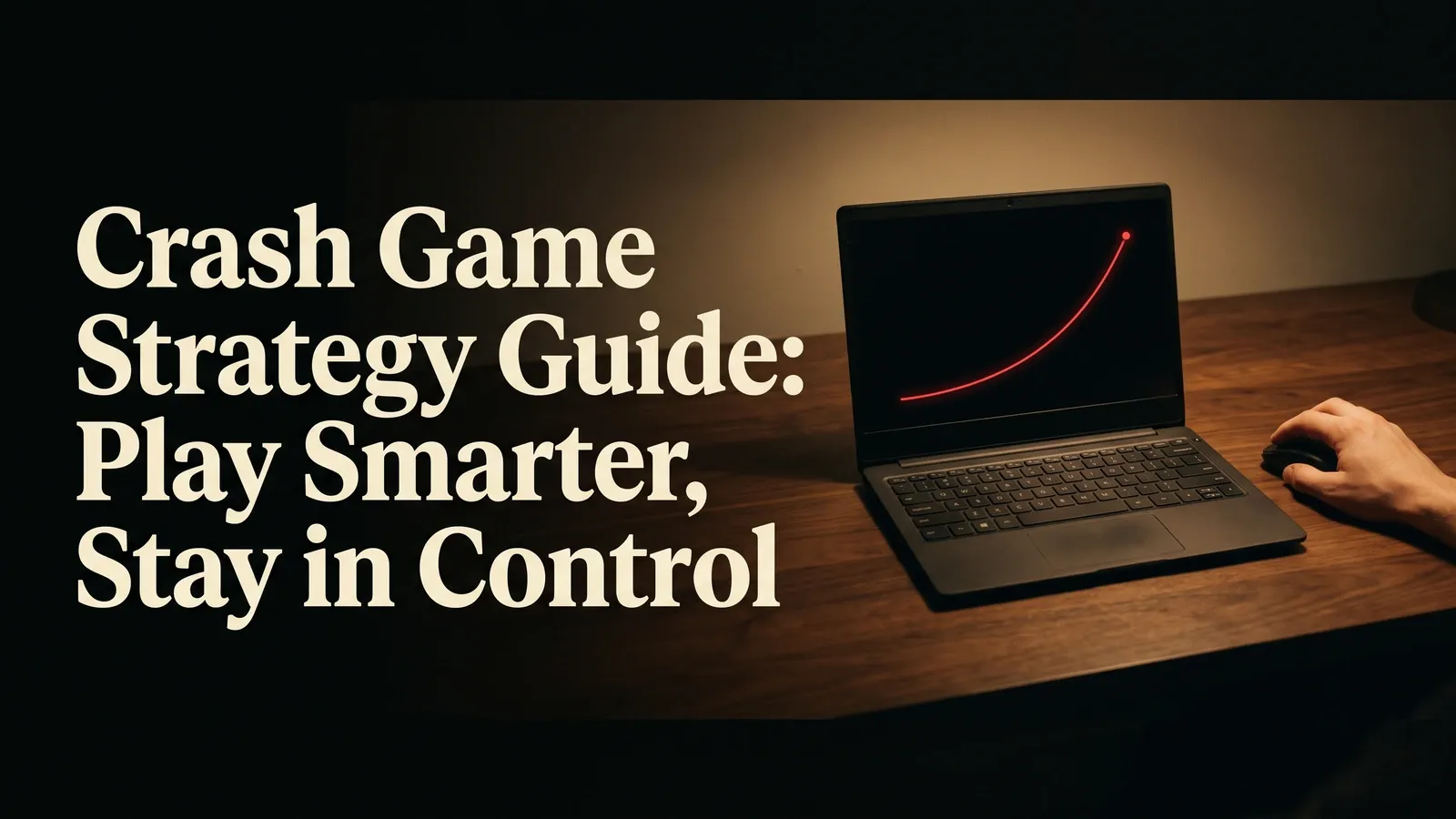 Laptop displaying a red rising game curve beside a hand on a mouse, on a warmly lit wooden desk beneath the crash-game strategy title.