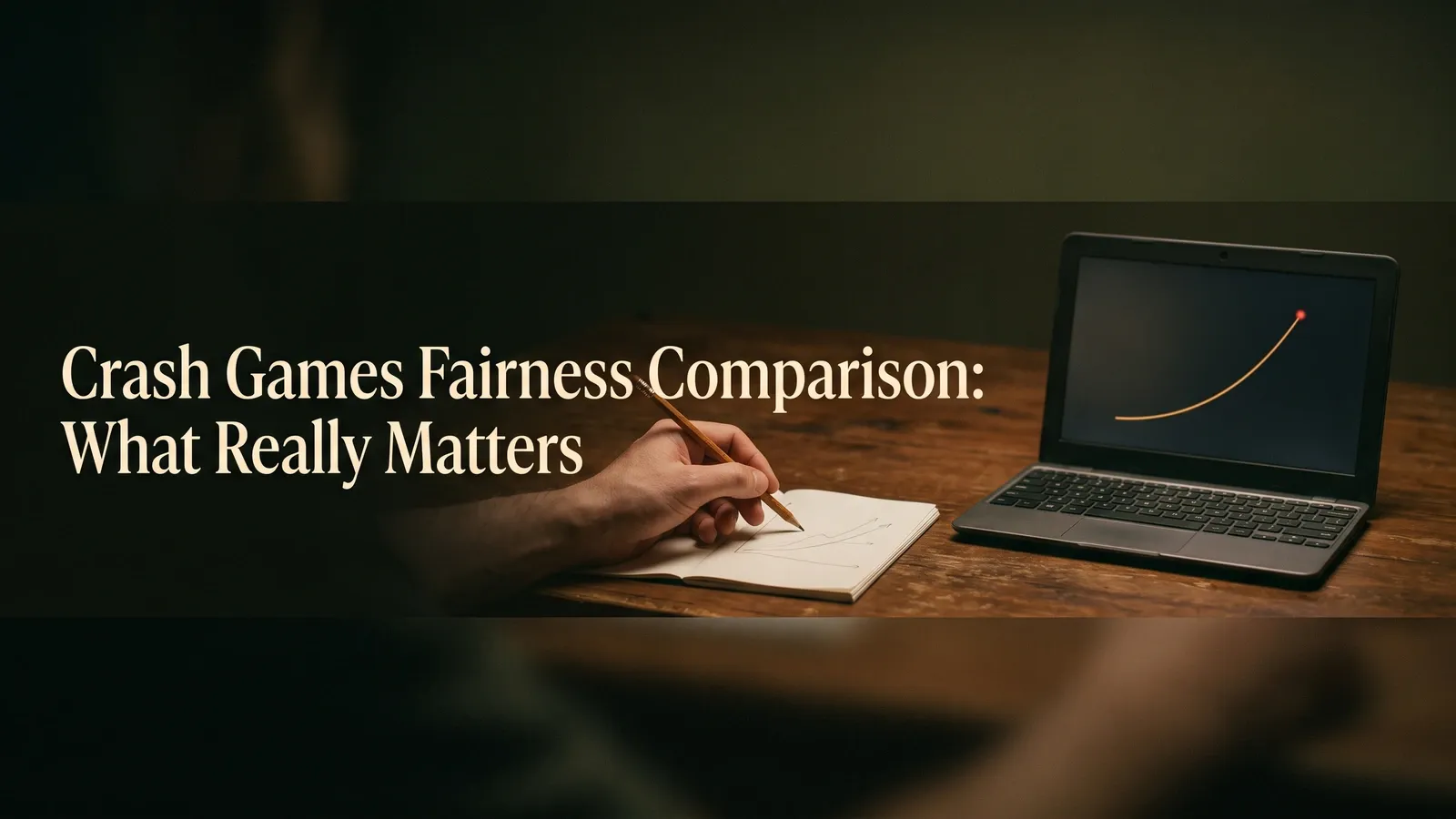 A hand sketches curves in an open notebook beside a laptop showing an amber rising curve with a red endpoint, under the crash-game fairness comparison title.