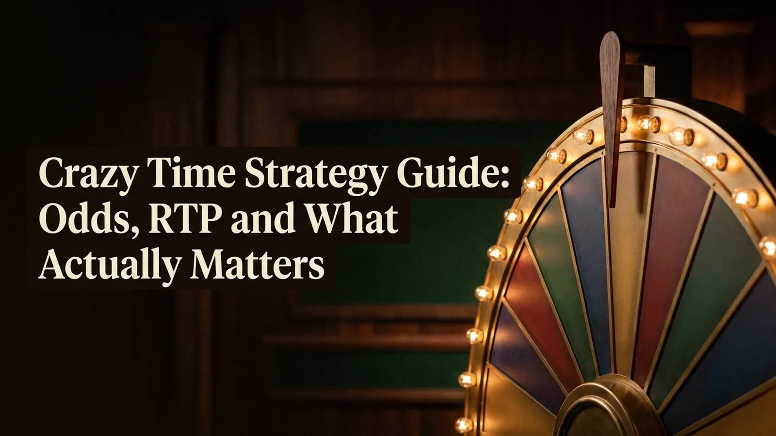 A lit game-show money wheel in a dark live casino studio beside the title Crazy Time Strategy Guide