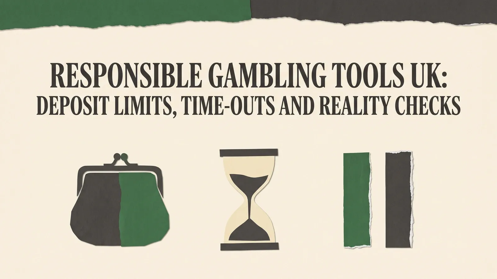A coin purse, hourglass and pause symbol beneath the responsible gambling tools guide title on cream and green paper.