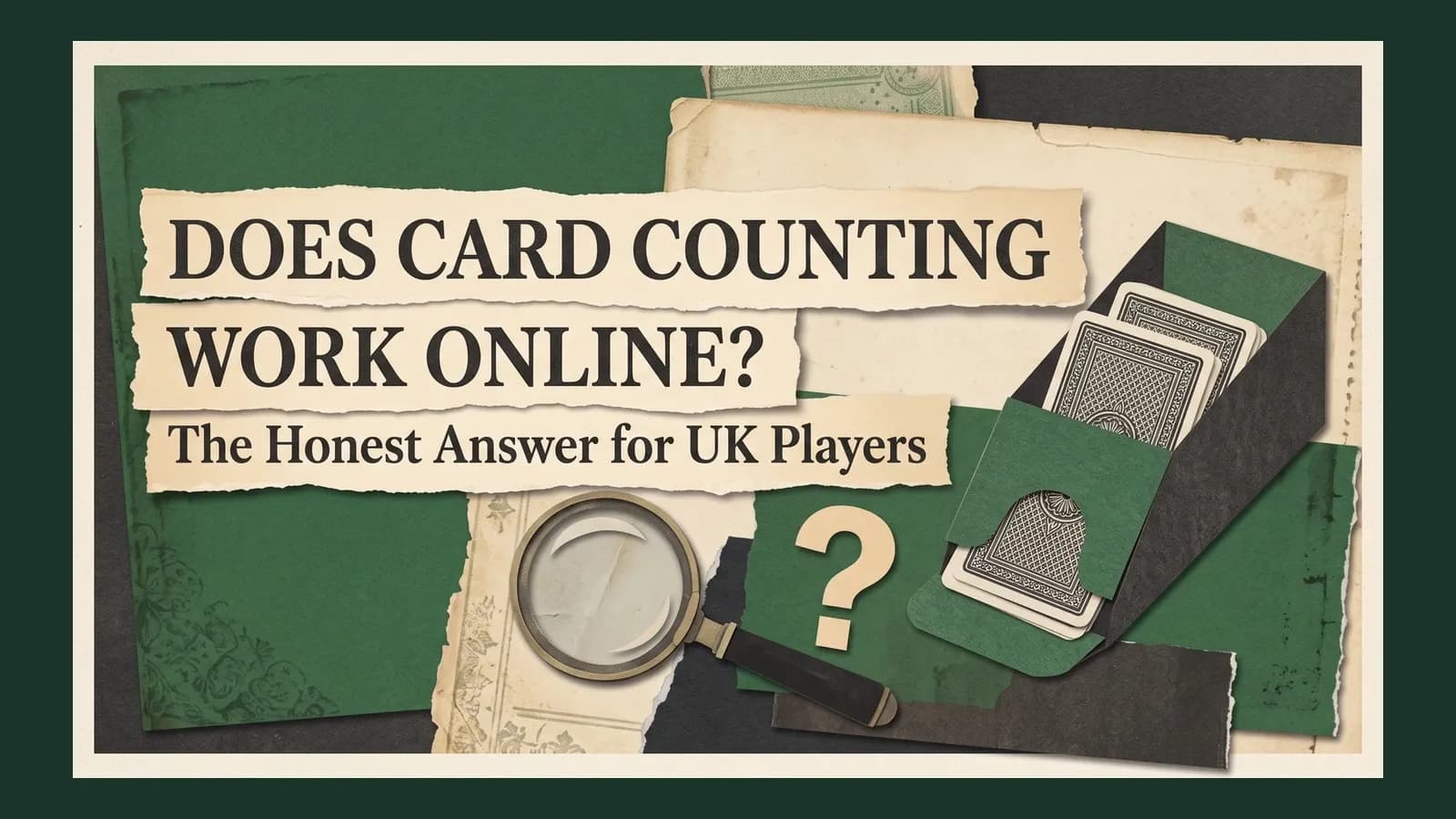 A card shoe with face-down cards, a magnifying glass and a question mark accompany the title about whether card counting works online.