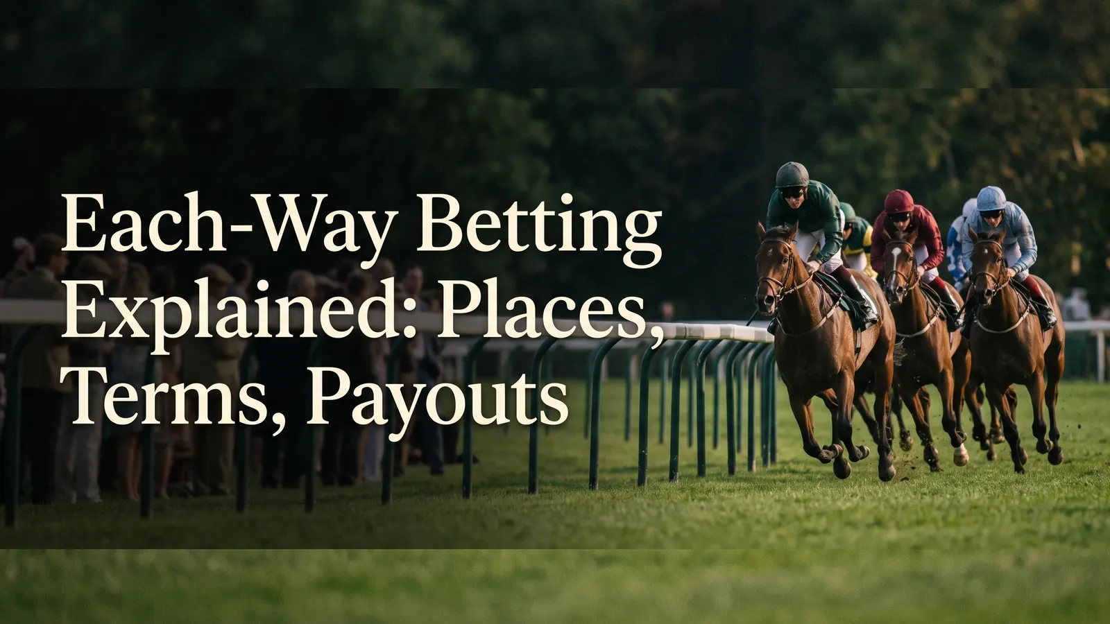 Jockeys in green, burgundy and pale blue racing silks riding brown horses toward the viewer on turf.