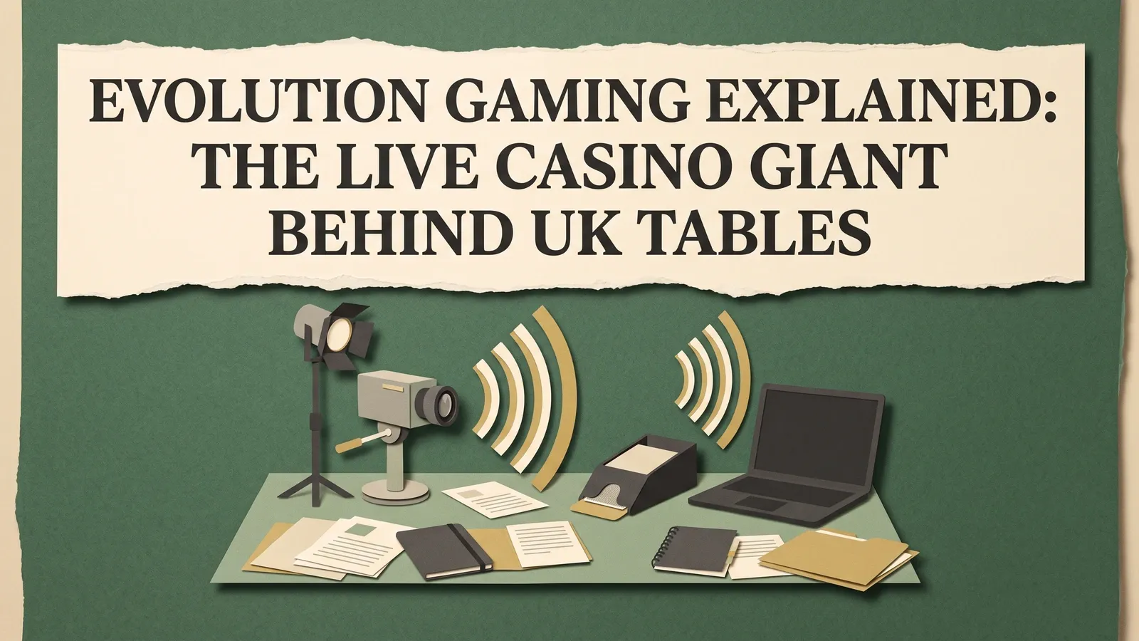 Studio camera, lighting, broadcast waves, a card shoe and blank laptop beneath the title Evolution Gaming Explained: The Live Casino Giant Behind UK Tables.
