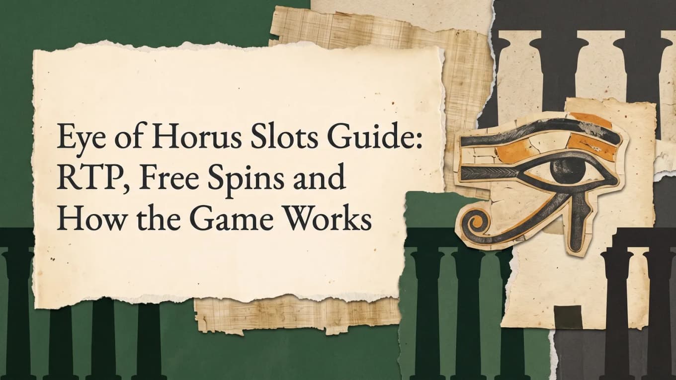 The Eye of Horus in black and gold beside the slot guide title on torn cream paper and dark green temple silhouettes.