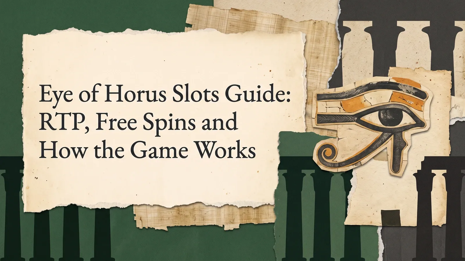 The Eye of Horus in black and gold beside the slot guide title on torn cream paper and dark green temple silhouettes.