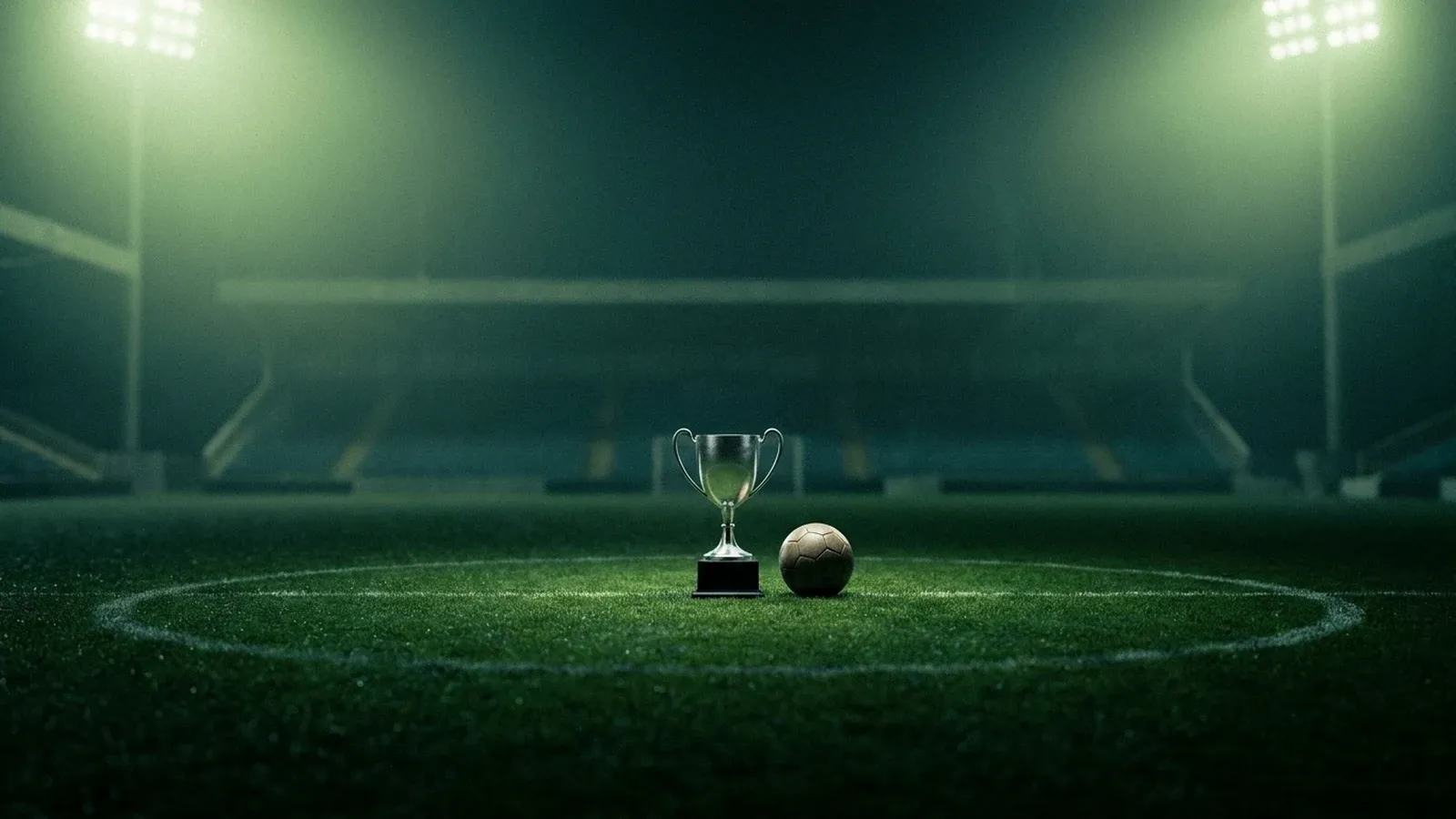 A silver cup and a football on the centre circle of a floodlit stadium at night