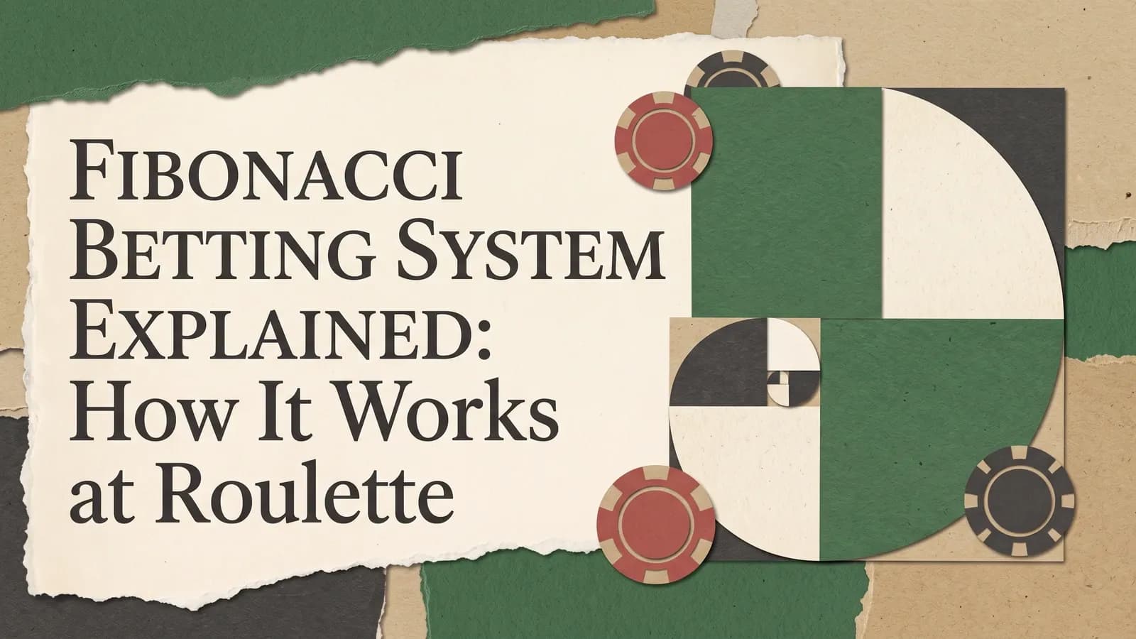 A paper spiral and red and charcoal casino chips beside the Fibonacci betting system guide title on torn cream paper.