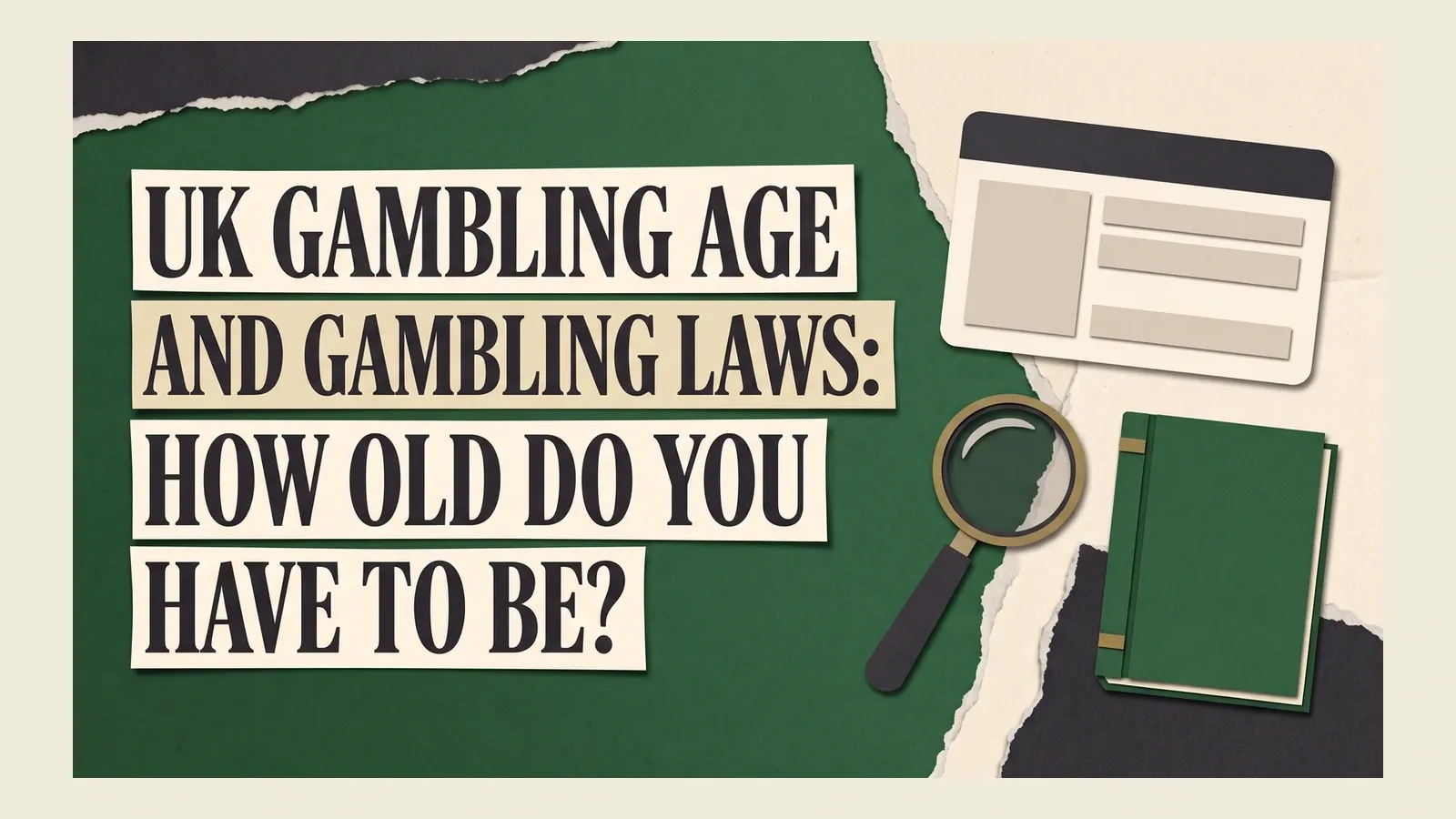 A blank ID-style card, magnifying glass and closed rulebook beside the headline asking the legal gambling age.