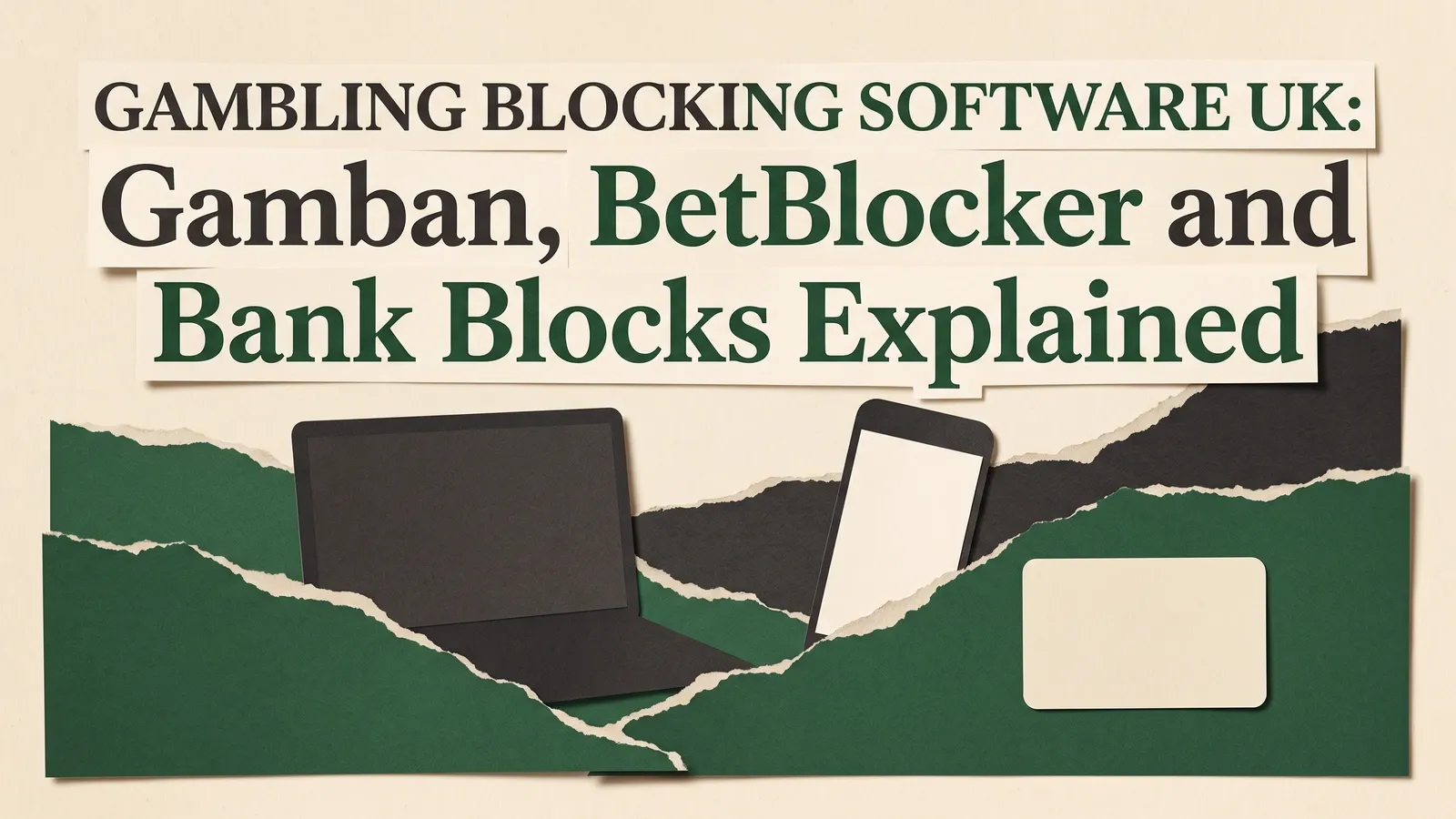 A blank-screen laptop and phone with a plain bank card among torn green paper beneath the gambling blocking software guide title.