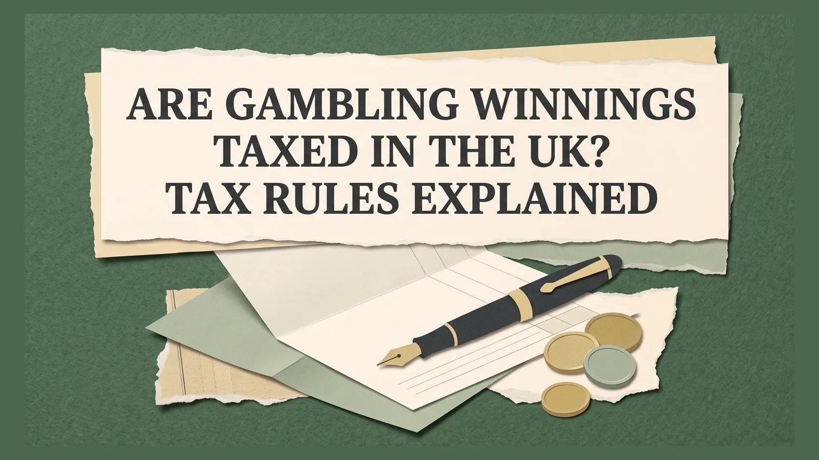 A fountain pen on blank stationery beside plain coins beneath the title Are Gambling Winnings Taxed in the UK? Tax Rules Explained.