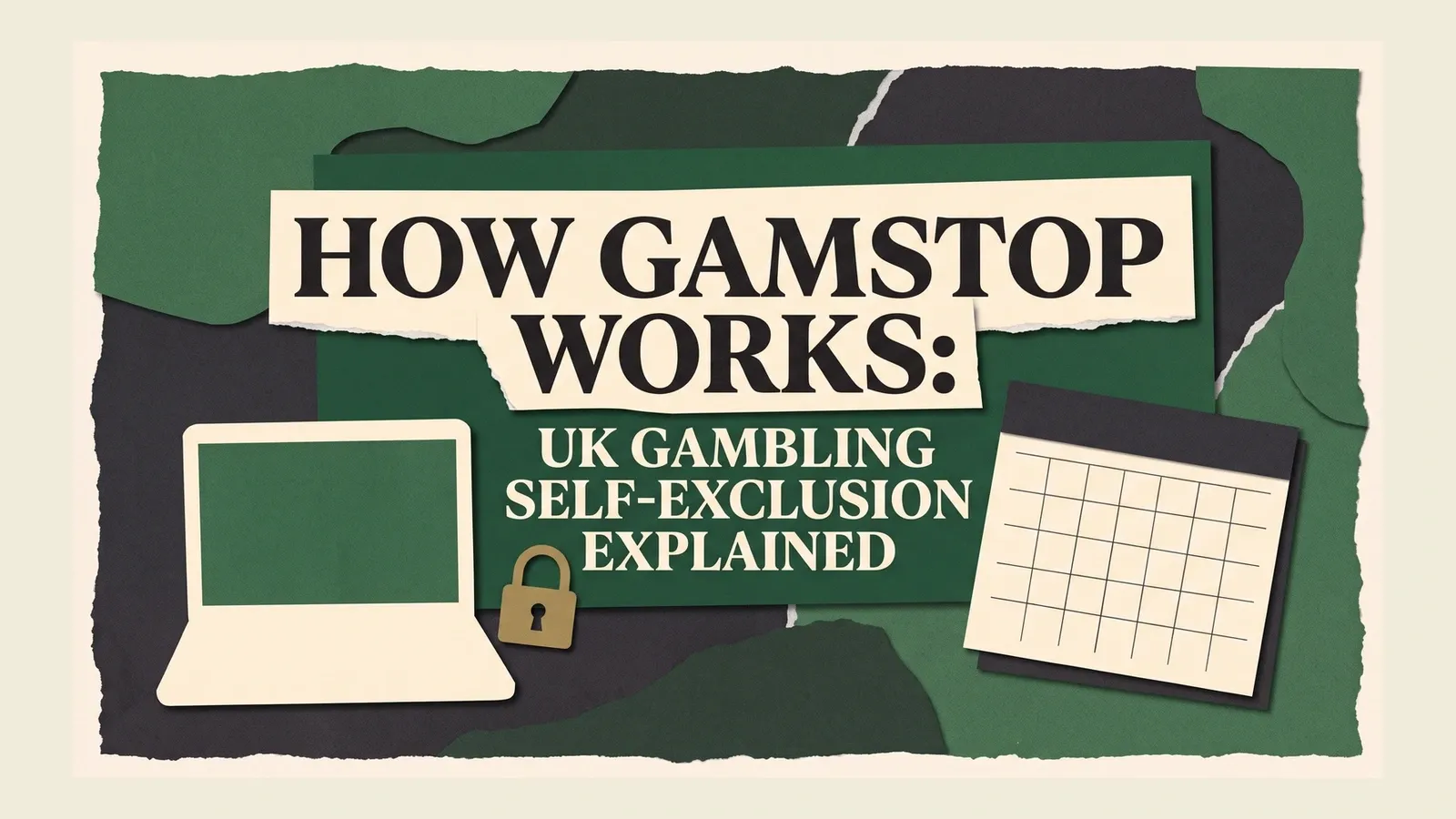 A blank laptop, closed padlock and calendar accompany the headline explaining GamStop self-exclusion.