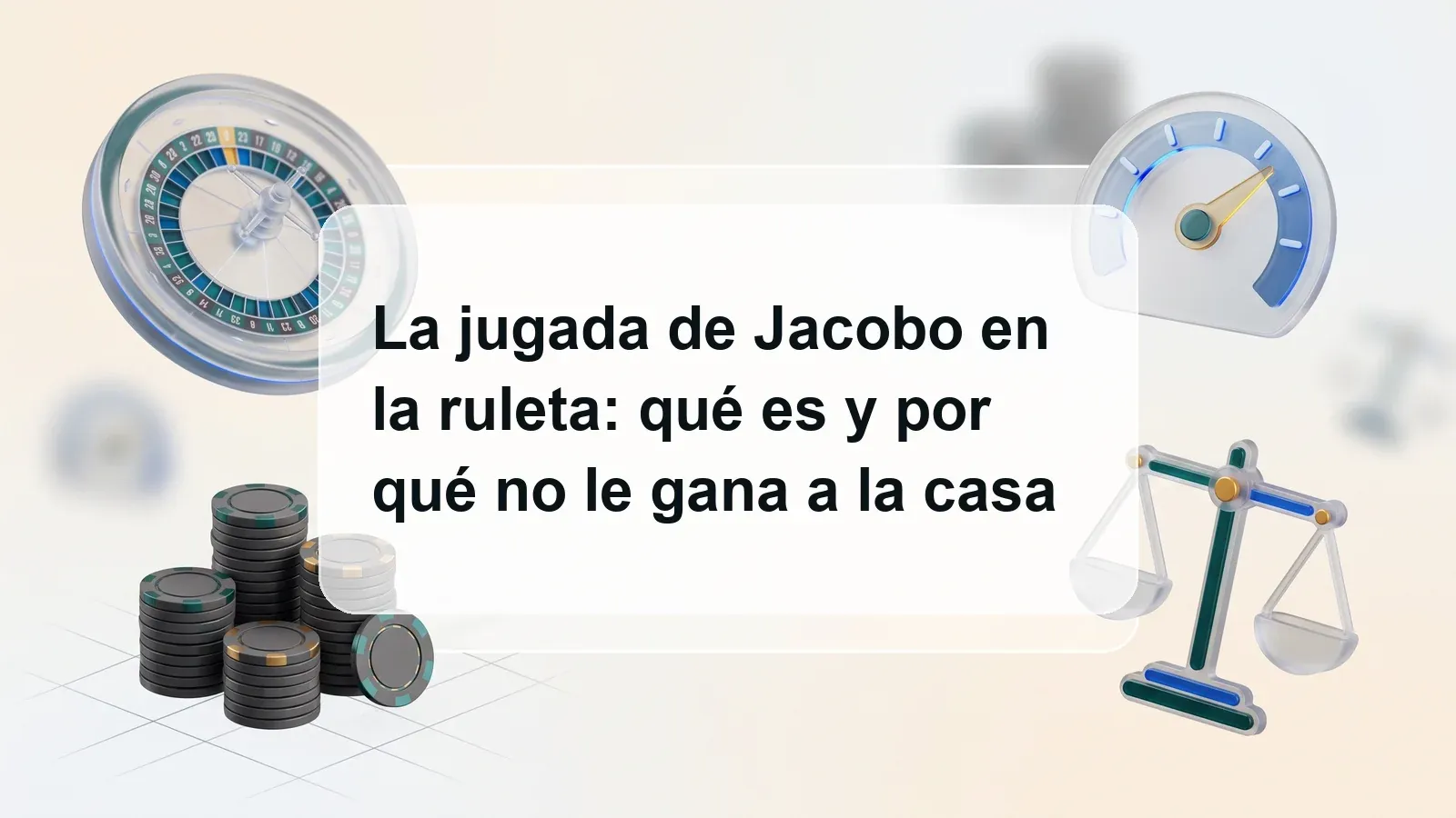 Ruleta translúcida, fichas y medidores de riesgo alrededor del título sobre un fondo crema