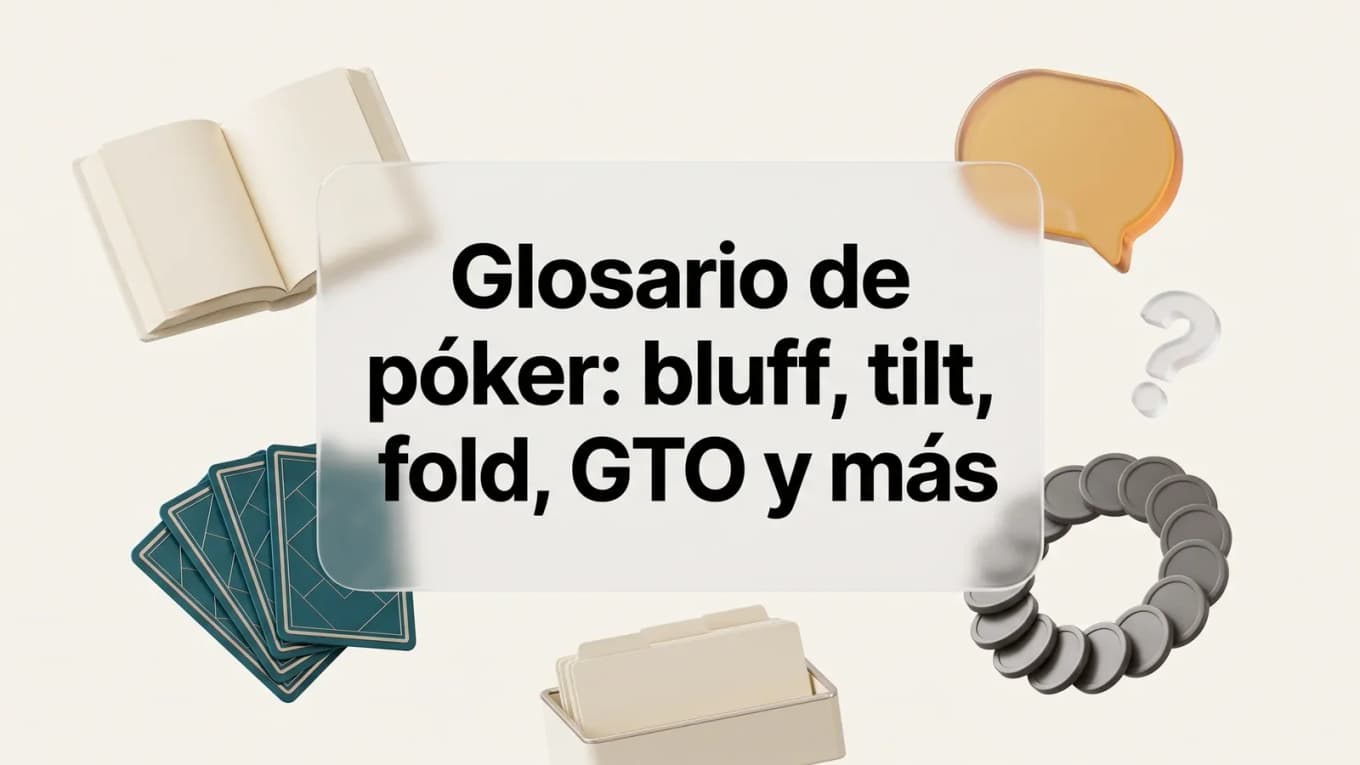 Portada del glosario de póker con cartas, libro y términos esenciales